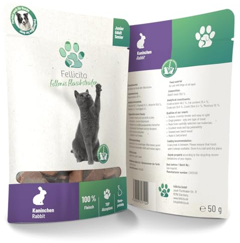Fellicita Fellonis Katzensnacks Fleischstreifen vom Kaninchen, knackig-zart, 100% Fleisch, Monoprotein, getreidefrei
