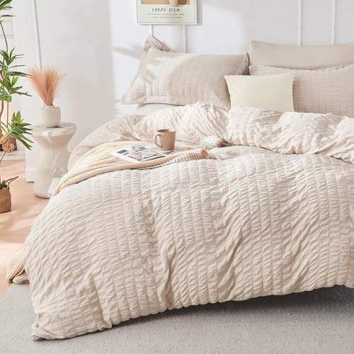 HYMOKEGE Parure de lit 3 pièces en seersucker beige pour grand lit – Parure de lit en microfibre brossée douce avec 1 housse de couette et 2 taies d'oreiller, 228,6 x 228,6 cm