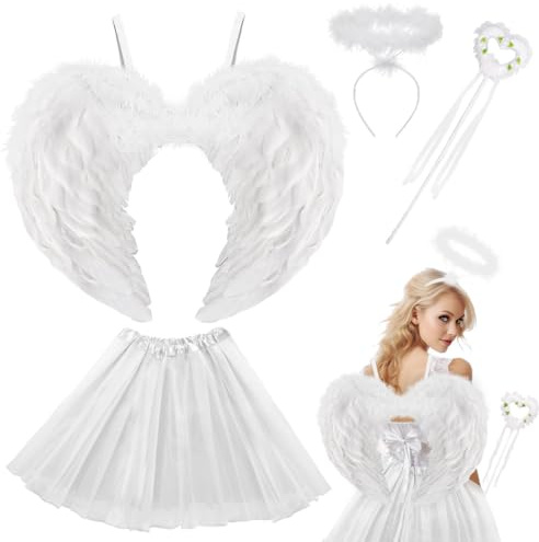 Engel Kostüm Damen Weiße, Tutu-Rock, Engel Flüge, Heiligenschein und Zauberstab, Engelsflügel Deko Kostüm Weiße Tutu-Rock, Weiße Flügel, Halloween Kostüme Cosplay Erwachsenes Angel-White-60cm-B