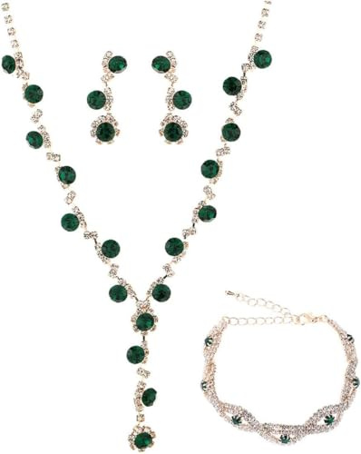 FDEETY Schmuckset Damen Braut Strass Halskette Ohrringe Armbänder Sets Brautjungfer Schmuckset Geschenk Brautschmuck Hochzeit für Braut Brautjungfer (Grün)