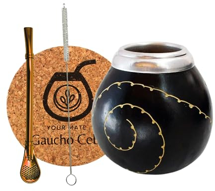 Gaucho Cebar Set pour thé yerba maté avec calebasses naturelles, tasse à citrouille et paille bombilla en acier inoxydable, paille pour thé yerba maté, brosse et dosette en liège, noir