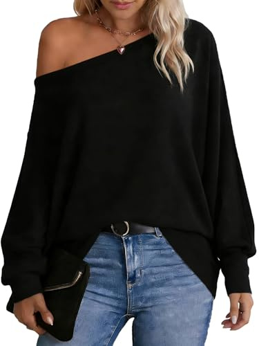 Dressmine Off The Shoulder Top Batwing Jumpers for Women UK Black t Shirts Long Sleeve Knitted Jumper Clothes Tunic Size 12