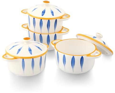 Lyveit 4 Piece Porcelain Ramekins - 8 OZ mini casserole dish with lid & Handle for Baking Creme Brulee, Dipping Sauce, French Onion Soup, Dessert, Oven Safe cocotte 5 inch, white & Botanical Stripes