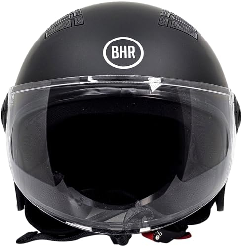 BHR Casco Demi-Jet 834 FLOW - Casco Scooter Estivo Omologato ECE 22.06 con 16 Fori di Aerazione - Visiera Antigraffio e Sgancio Micrometrico, Nero Opaco, L