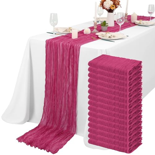 Lykoow Seihtuch-Tischläufer, 3 m, rustikale Gaze, Boho-Dekoration für Hochzeit, Party, Brautparty, 54,6 x 304,8 cm, Hot Pink, 15 Packungen
