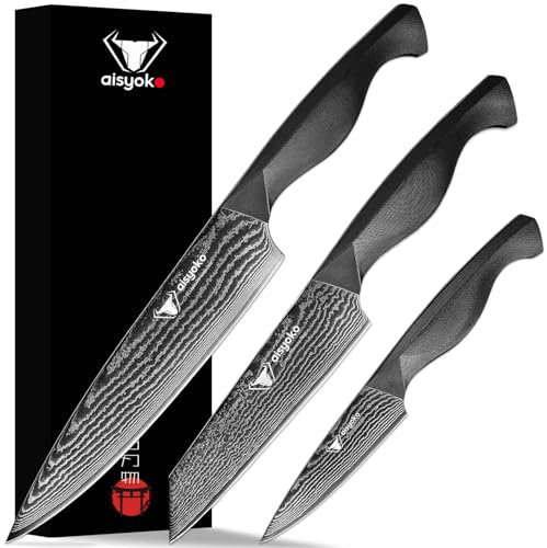 Aisyoko 8C Damascus Knife Set - 3PC Chef's Knife, Kitchen and Paring Knives, High Carbon Stainless Steel, Ergonomic Full Tang ABS Anti-Skid Handle