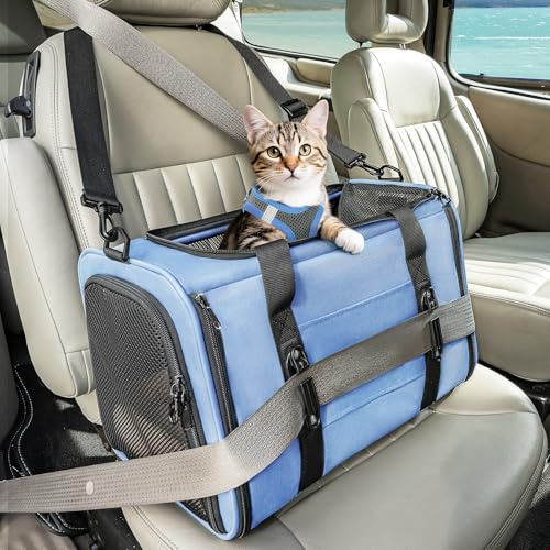 Petsfit Cat Car Carrier, Puppy Travel Carrier with Upgraded Patented Safety Buckle, Portable Dog Transport Sling,Kitten Travel Bag with Shoulder Strap&Removable Mat，Blue