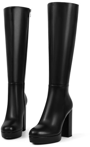 zhsrin Platform Knee High Boots Women Chunky High Heel Boots for Women Round Toe Side Zipper Tall Fall Boots Gogo Boots 7.5