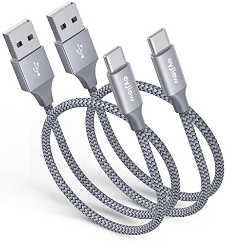 eyjiew Short USB C Charger Cable 0.5m 2Pack, USB A to USB C Car Charger Cable 3A Fast Charging Nylon Braided Type C Lead for iPhone Air 17 16 15 Pro Max,Galaxy,Power Bank,Pixel,PS5,Switch-Grey