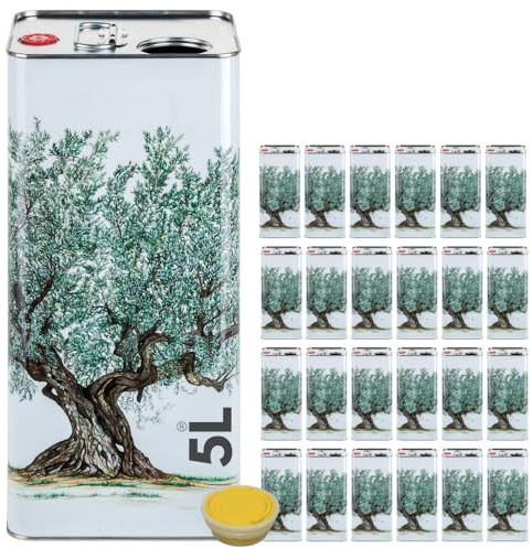 acquaverde | 24 Lattine per Olio di Oliva, Latta Bianca con Albero, in Metallo, Contenitore Alimentare da 5 Litri con Doppio Tappo e Maniglia