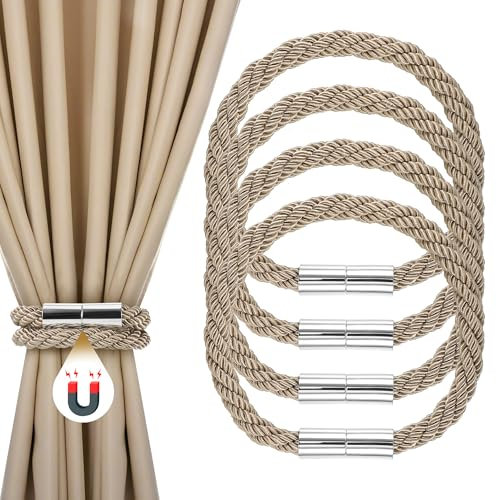 JIZZU Calamite Per Tende, 4 Pezzi Fermatenda Elastico, Embrasse Per Tende, Fermatende Per Tende Sottili, Tende Da Balcone, Tende Velate, Tende Oscuranti, Tende Da Doccia Spesse（Kaki）