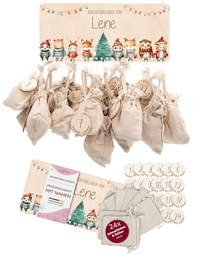Kidsmood – Personalisierter Adventskalender 2025 aus Holz mit niedlichen Tiermotiven | Weihnachtskalender zum Befüllen mit Geschenktüten & Holzzahlen | Nachhaltige Weihnachtsdeko für Kinder & Familie