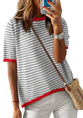 Cuptacc Oberteile Damen Sommer Gestreiftes Tshirt Damen Baumwolle Shirt Rundhals Tank Tops Kurzarm Tunika Locker Grau XL 46-48