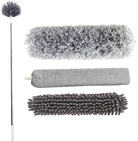 KOMBIUDA Plumeau Microfibre Dépoussiérant, Manche Télescopique Longueur Optimale, Brosse Multi-têtes Chenille et Toile D’araignée, Nettoyage Plafond Intérieur et Voiture, Outil Ménager
