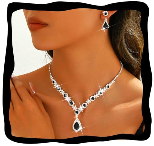 Fashband Bridal Necklace Set Silver Pendant Earrings Set Bride Wedding Jewelry Sets Rhinestone Prom Necklaces Accessories for Women (Black)