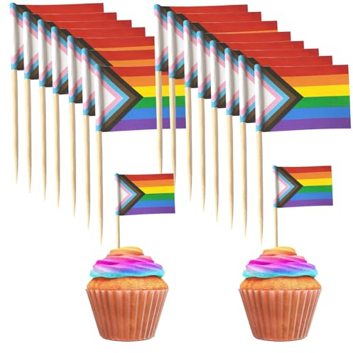100 palillos de dientes para el Día del Orgullo, bandera de palo de cóctel del orgullo LGBTQ, adornos para cupcakes, banderas de palitos pequeños, palitos de cóctel con bandera para alimentos