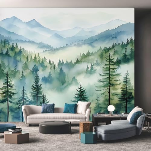 Green Foggy Forest Wallpaper - Misty Mountain Nature Landscape Wall Mural - Wall Murals for Living Room Bedroom - Photo Wallpaper & Home Decor Art - 250 x 175 cm A624