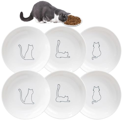 Kattskål, keramik, 6 stycken platta matskålar, kattskålar, set i modern design, platt kattskål, för att förebygga morrhårsstress, kattskål för mat och vatten, för katter och små djur