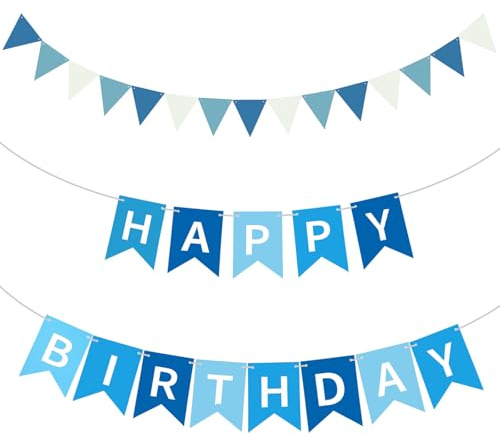 MBAIYO Happy Birthday Girlande,Girlande Geburtstag Papier Geburtstag Festgirlande Wimpelkette Wimpel Banner,Party Dekoration Groß Happy Birthday Wimpelkette Für Babyparty Und Erwachsene(Blau und Weiß)