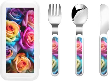 Rainbow Roses Print Stainless Knife Fork Spoon 3-Piece Set,Flatware Cutlery Set with Storage Case