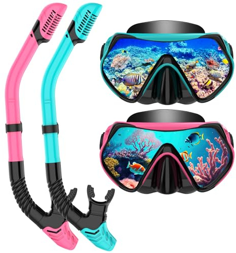 Snorkeling Gear for Adults, Snorkel Set Scuba Diving mask Dry-Top, Adult Swimming Goggles with Nose Cover, HD Tempered Glass Panoramic Anti-Leak Anti-Fog (Pink+Green)