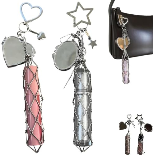 Porta di lucidalabbra chic con specchio, supporto per rossetti in acciaio inossidabile da 2 su 1, piccola catena chiave di stoccaggio dei rossetti in cristallo bling per borsa (2pcs-C)