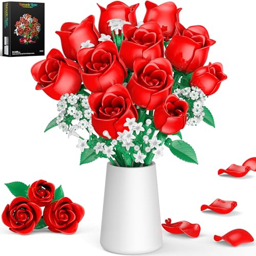 MOGZZi Flowers Bouquet Building Kit for Adults, 15 Artificial Plants Decor with 11 Red Roses, Gift for Girls Children Age 6+, Birthdays, Women, Mother's Day, Valentine's Day for Her or Him, 459 PCS