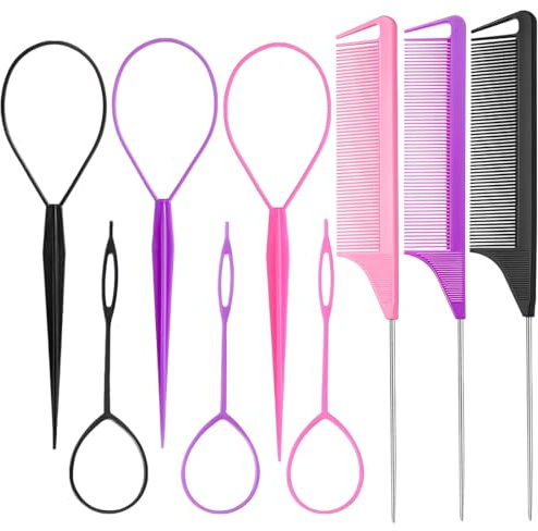 Set di 9 Pettini a Coda per Capelli, 3 Set da 3 Pezzi in Nero, Viola e Rosa, Pettine Professionale per Acconciature, Trecce e Divisione Sezioni, Pettine a Denti Stretti per Salone e Casa