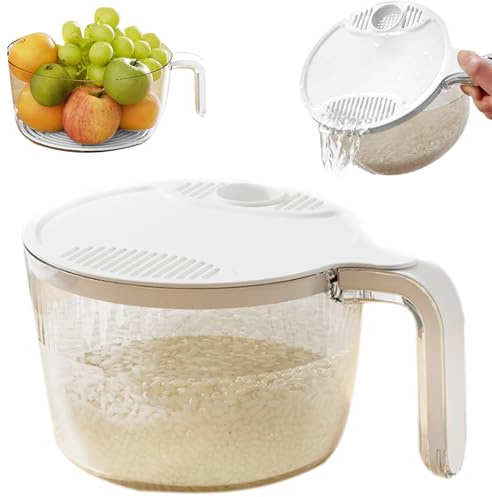 Cndiyald Rice Strainer Bowl, Plastic Washer with Drain Lid Handle for Grains Beans Fruit/ 7.1x3.4 (Small)
