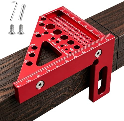 Escuadra Carpintero 3D Multifuncional 22.5-90°, Transportador de Angulos en Aleación de Aluminio, Falsa Escuadra, Herramientas de Carpintería para Carpinteros, Ingenieros - Rojo
