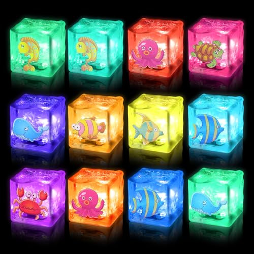 12 Stück Leuchtende LED Badespielzeug Würfel mit Farbwechsel | Wasseraktiviertes Sensorik Spielzeug im Tierdesign für Baby Kinder, Badewanne und Pool