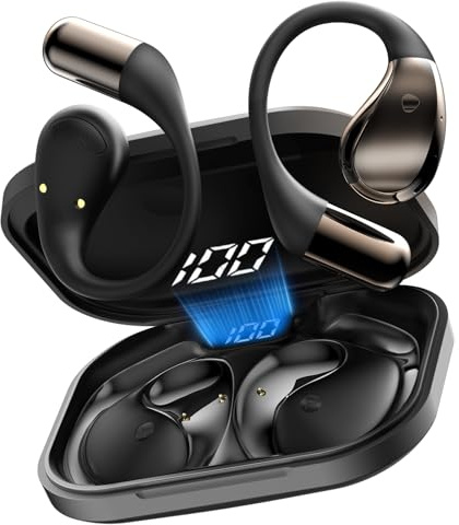 Conyat Auriculares Abiertos con Sonido Potente, micrófono, Ganchos de Oreja Ajustables, para Correr, Negro