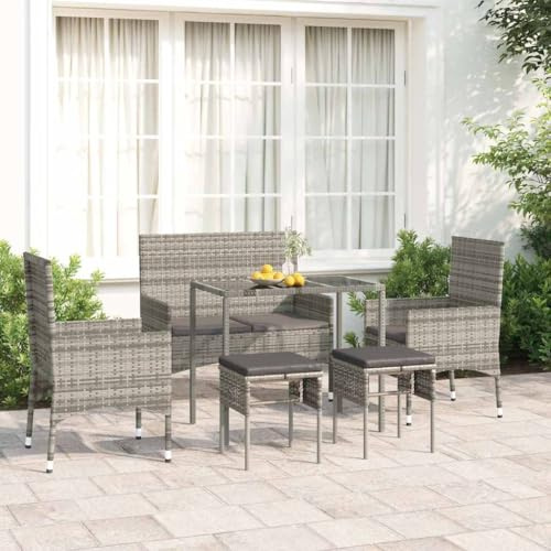 sephironlbb 6-TLG. Garten-Lounge-Set Grau mit Kissen, Polyrattan Sitzgruppe für Balkon Terrasse, wetterfestes Rattan Gartenset mit Tisch, Stuhl, Bank, Hocker, Glasplatte, Outdoor Essgruppe