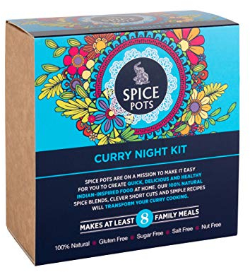 Curry Night Kit by Spice Pots - 100% Natural Ingredients - 4 x 40g Spice Blends - 8 Curry Recipe Booklet - Korma, Bhuna, Goan & Indian Tandoori Vegan Curry Powder - Cooking Gifts for Women & Men