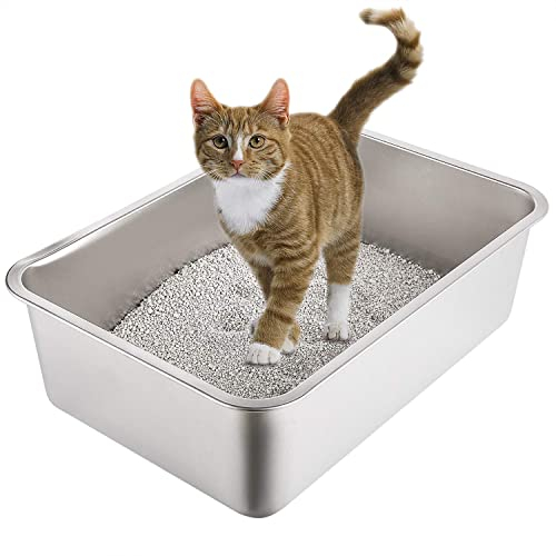 Yangbaga Katzenklo Edeltsahl, Katzentoilette in 60x 40x 15 cm Groß, Kaninchen Toilette,robuste Katzentoilette, Nicht leicht zu verzerren, Toilette für großes Häschen und große Katze (Silber)