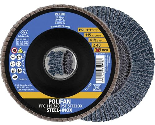 PFERD TOOLS Fächerscheibe POLIFAN, 10 Stück, 115mm, Z40, X-LOCK (22,23 mm), PSF STEELOX, 67664116 – für hohe Wirtschaftlichkeit durch aggressive Zerspanung bei guter Standzeit