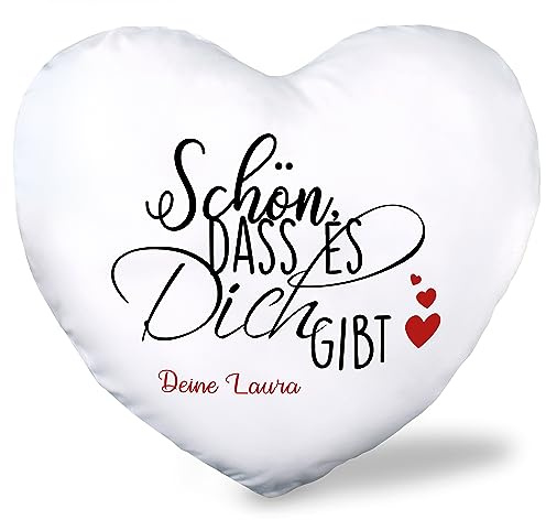 True Statements Herzkissen - Schön, dass es dich gibt - personalisiert mit Wunschnamen/Wunschtext - Kissen in Herzform inkl. Füllung - Geschenk zum Valentinstag