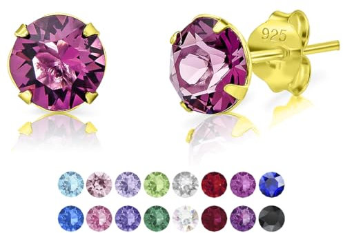 Pendientes Brillantes Pequeños - Plata de Ley 925 Chapados en Oro Amarillo Con Cristal Swarovski® 6 mm - Dorados Amatista Para Mujer