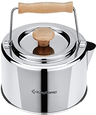 KingCamp Bouilloire de Camping Ultra-légère 1.2L Bouilloire Gaz Portable en Acier Inoxydable Alimentaire avec Manche en Bambou & Fuite de Thé Théières pour Camping Randonnée Pique-Nique Cuisine