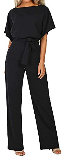 Coloody Dam lång jumpsuit overall byxdress elegant sparkdräkt kortärmad rund hals playsuit med bälte byxdräkt bred ben overall, svart, S