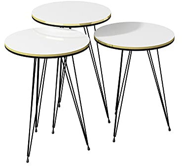 moebel17 6283 Beistelltisch 3er Set rund - Kaffeetisch Satztisch Metallgestell, Wohnzimmertisch Kaffee Tisch, Weiß, Schwarze Füße, 38 cm Durchmesser, Höhe 46, 49 und 52 cm 21216283