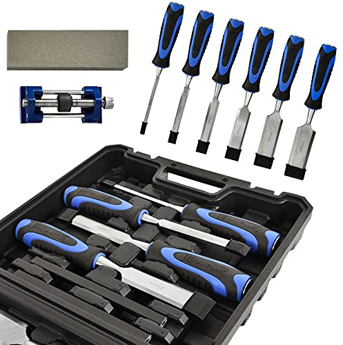 Wood Carving Tool Set 6 Pieces Chisels Blade 1/4 1/2 3/4 1 5/4 3/2 with Grindstone, Honing Guide, Protective Caps and Storage Case, All-in-One Tool Kit for Carving DIY Woodworking Projects