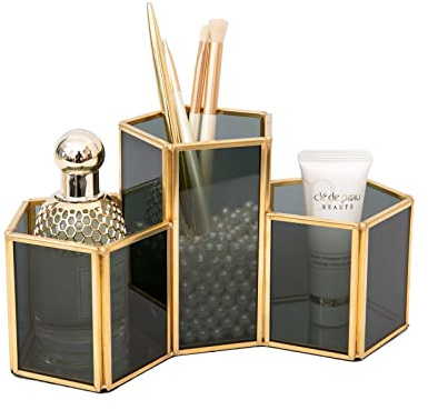 SLHEQING Make up Organizer Beauty Organizer Schmuck Pinselhalter Gold, Glas Kosmetik Aufbewahrung (Black A)