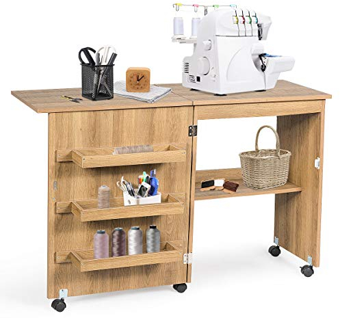 GOPLUS Nähtisch Faltbar, Nähmaschinentisch auf Rollen, Nähschrank Nähmaschinenschrank Computertisch Schreibtisch Arbeitstisch (Hellbraun)