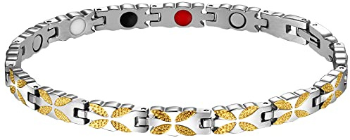 Flongo Damen Magnetarmband, Titan Magnet Therapie Kugel Perle Perlen Armband Armreif Magnetarmband Blatt Blätter Schmetterling Silber Gold Gesundheit Elegant Damen