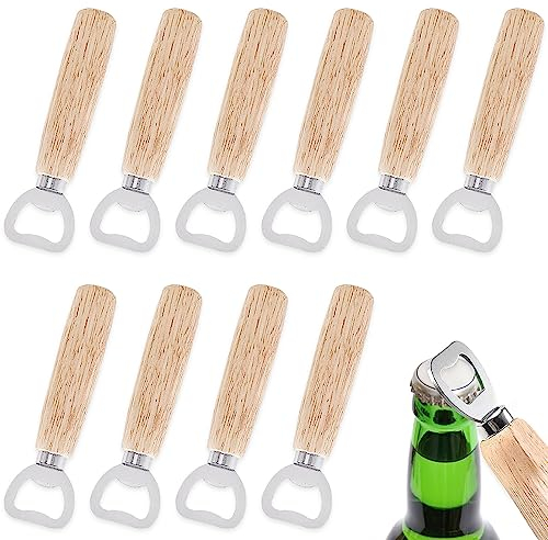 mizikuu Apribottiglie, 10 Pezzi Apri Bottiglie Birra con Manico in Legno Portatile Durevole in legno Naturale Apribottiglia in Acciaio Inox per Ristorante Feste Bar Hotel Grande Regalo per Gli Uomini