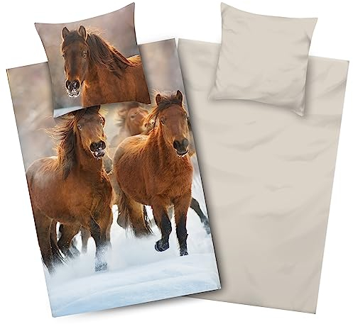 Aminata kids Biber Bettwäsche 135x200 Pferd Pferde-Tier-Motiv Mädchen Kinder-Wende-Bettwäsche-Set Baumwolle braun