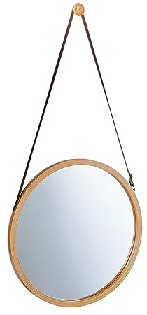 Relaxdays Hängespiegel rund, Verstellbarer Riemen, Rahmen aus Bambus, modern, Flur, Bad & Gäste WC, ∅: 38 cm, Natur