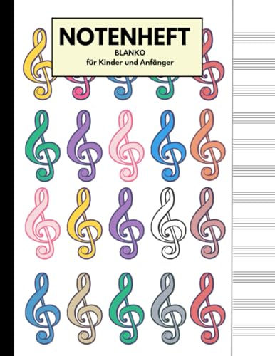 Notenheft Blanko für Kinder und Anfänger: Notenpapier mit 12 Notenzeilen pro Seite für Musik-Unterricht, Schule, Hausaufgaben