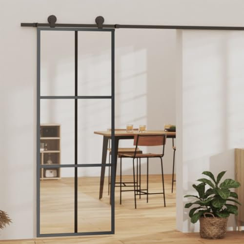 Hommdiy Schiebetür mit Beschlag Glasschiebetür Glastür Glas Schiebe Tür Schiebetürsystem Laufschiene Schiebetürbeschlag ESG-Glas Aluminium 76x205 cm(200 cm Gleitschiene) 3x2 Raster
